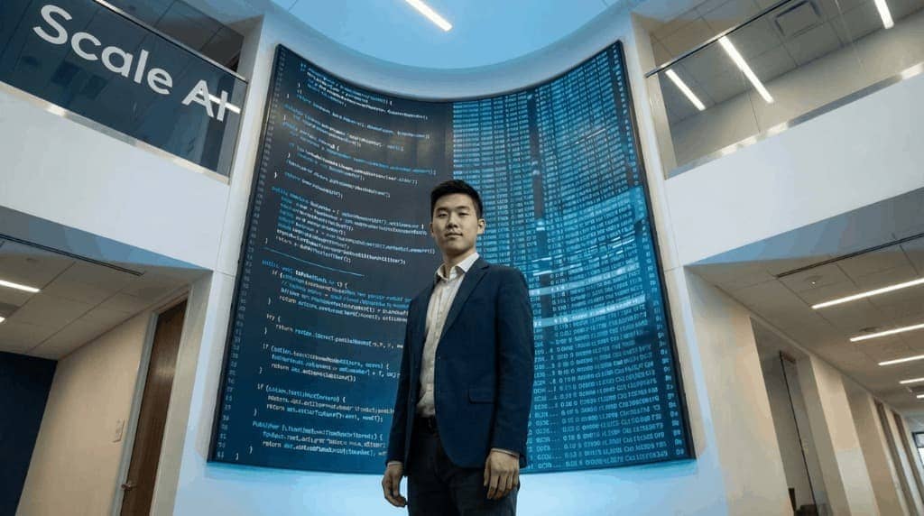 Portrait of a young tech CEO standing before a wall of glowing code and data visualizations.