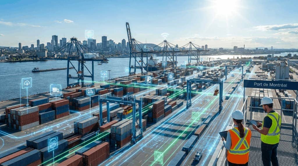 High-tech Canadian port facility with autonomous cranes and digital supply chain overlays.