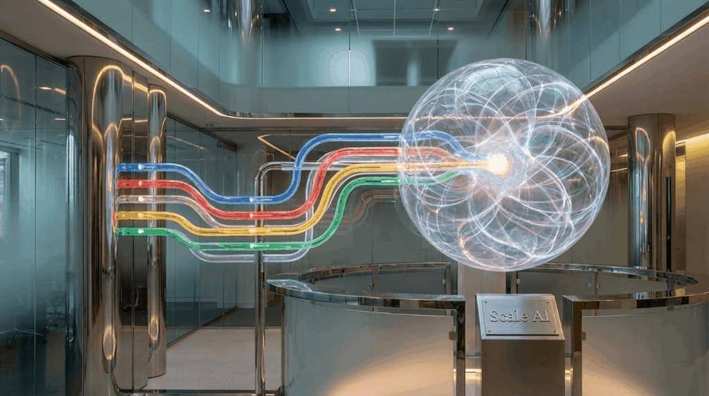 Abstract visualization of a data pipeline feeding into a glowing AI brain with vibrant colors.