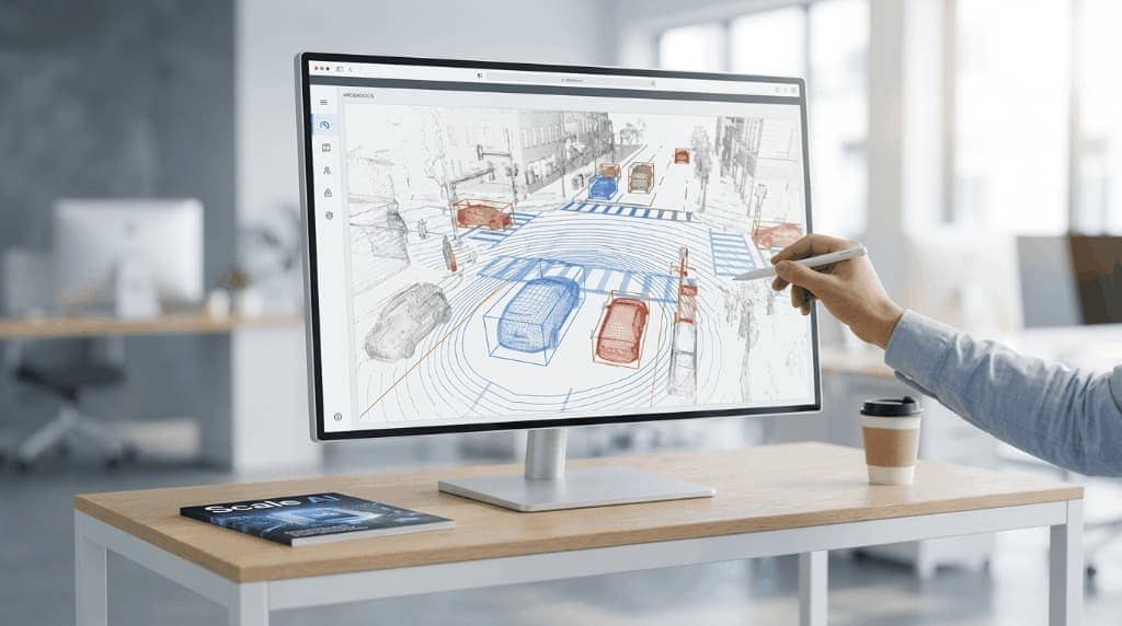 Software interface displaying 3D LIDAR point clouds being annotated with blue and red wireframes.