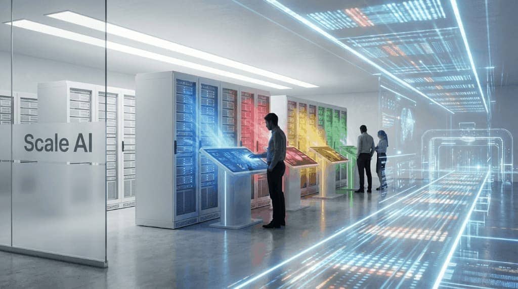 Futuristic server room with glowing data nodes and human silhouettes, featuring blue, red, yellow, and green accents.