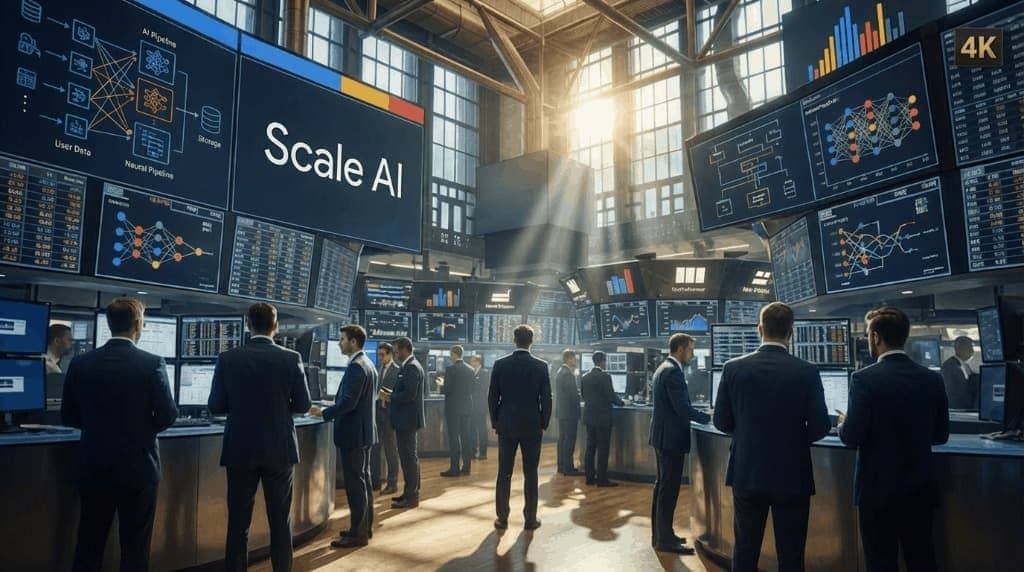 Modern trading floor with screens displaying AI data pipelines and charts in vibrant colors.